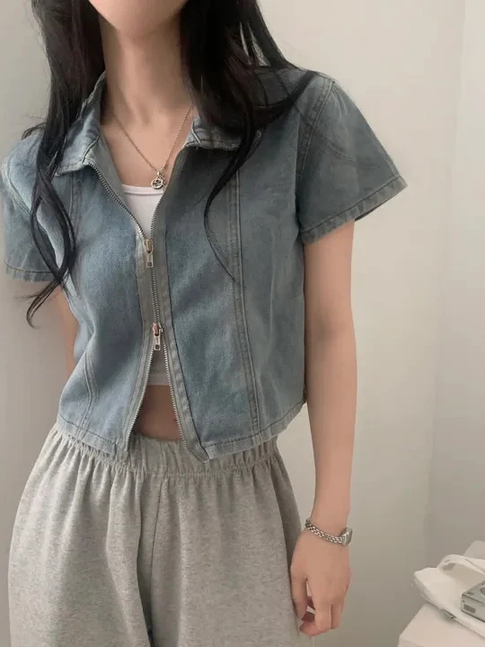 ort Sve Zipper Denim irt Jaet Women's Retro Hong Sle Chic Faion Turn-down Collar ort Coat Korean Waist-cinching