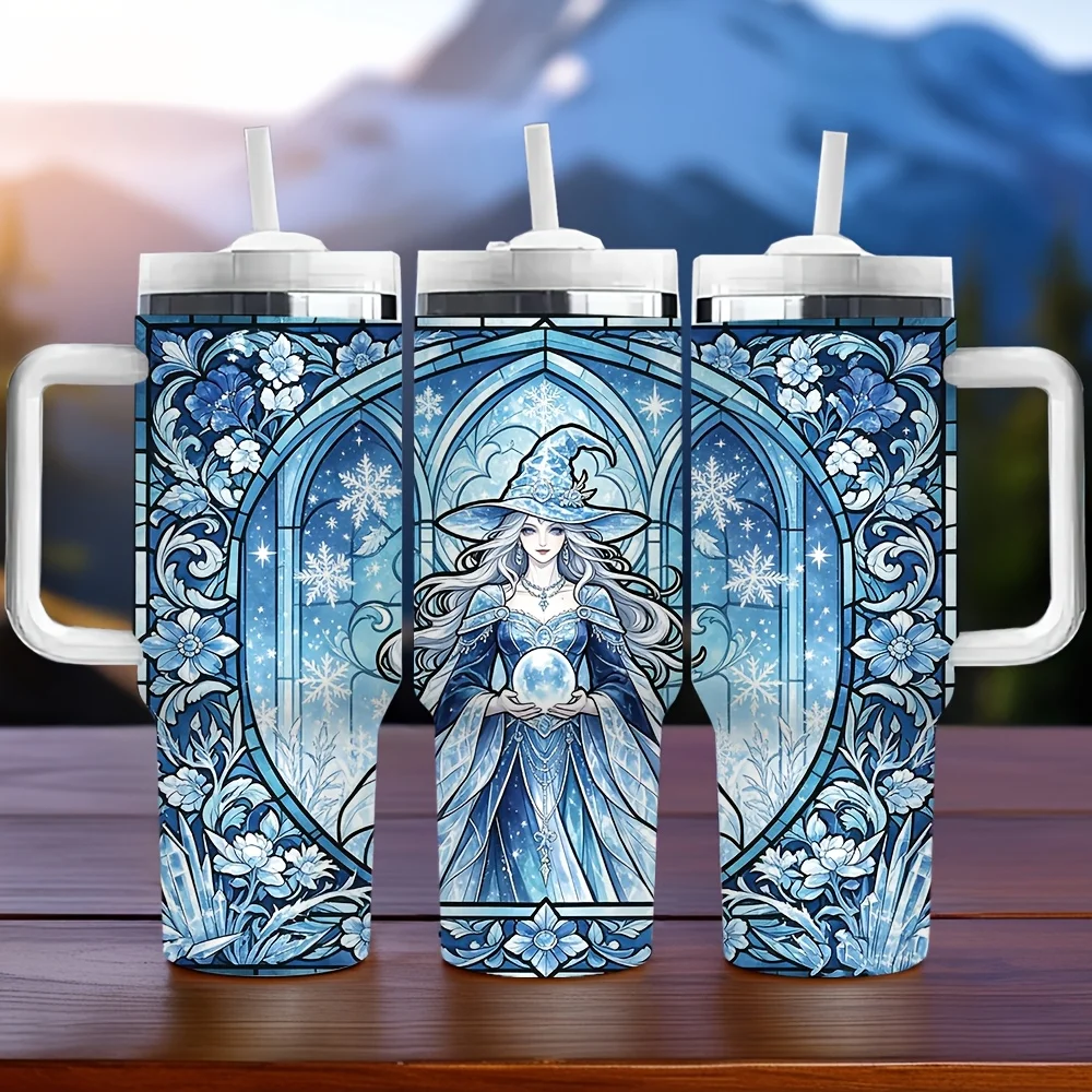 40oz Insulated Tumbler with Handle, Features Winter Ice Witch Stained Glass Print, Ideal Festival Birthday Gift for Witch Lovers, Suitable for Daily And Outdoor Use, Keeps Drinks Temperature for Long Time