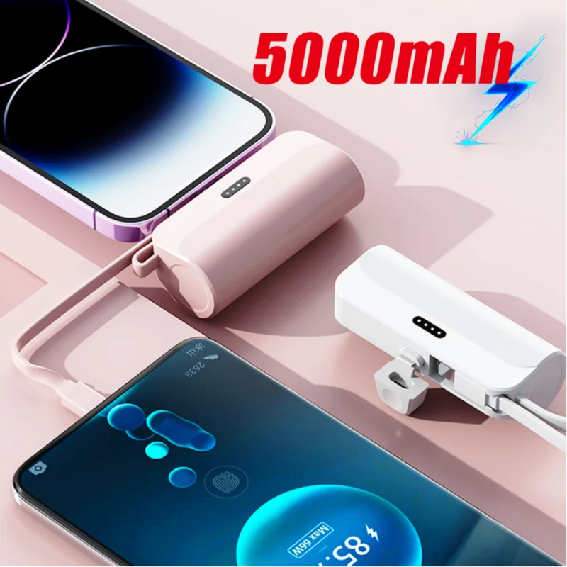 2IN1 Mini Power Bank 5000mAh Phone Charging External Battery Pack Portable Charger Plug Type C Fast Effective Charger For IPhone