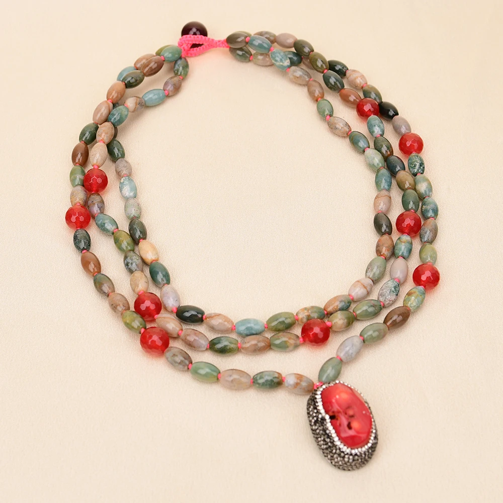 APDGG A86 Handmade 3 Rows Natural Mix Stone Jade Agate Coral Pendant Multi Strands Necklace
