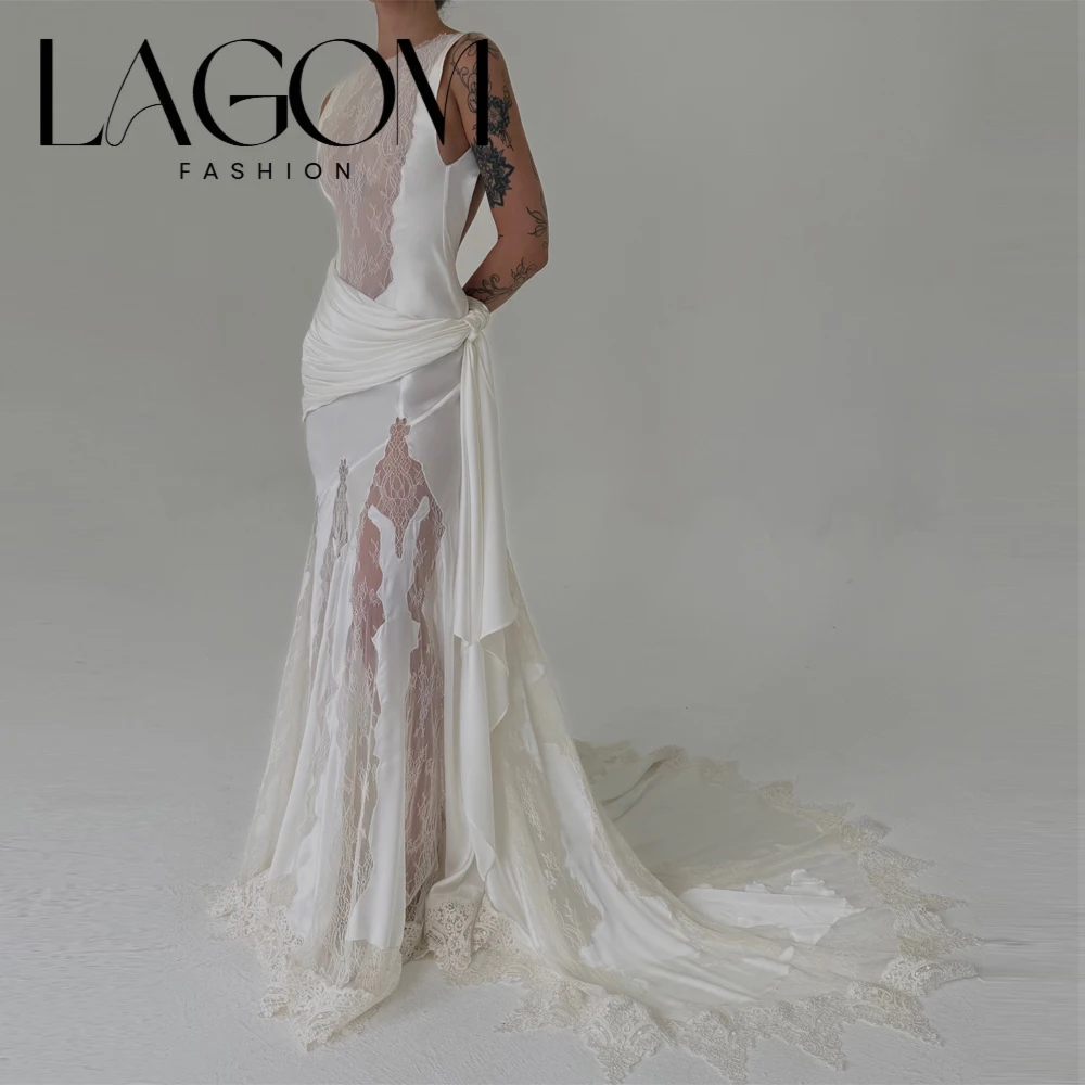 Lagom Sheath Wedding Dresses Lace Sexy Simple White Exquisite Unique Satin Floor-Length Vestidos De Novia Customized شارون سعيد