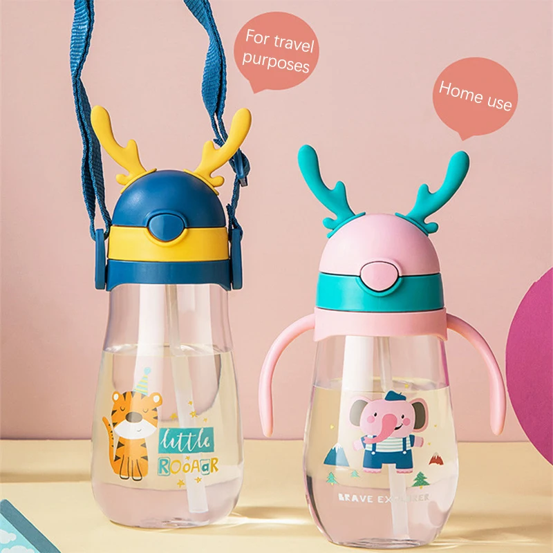 1pc 580ml Antler Water Sippy Cup Portable Kid Creative Cartoon With Straw Leakproof Water Bottle Outdoor School Child Drinkware