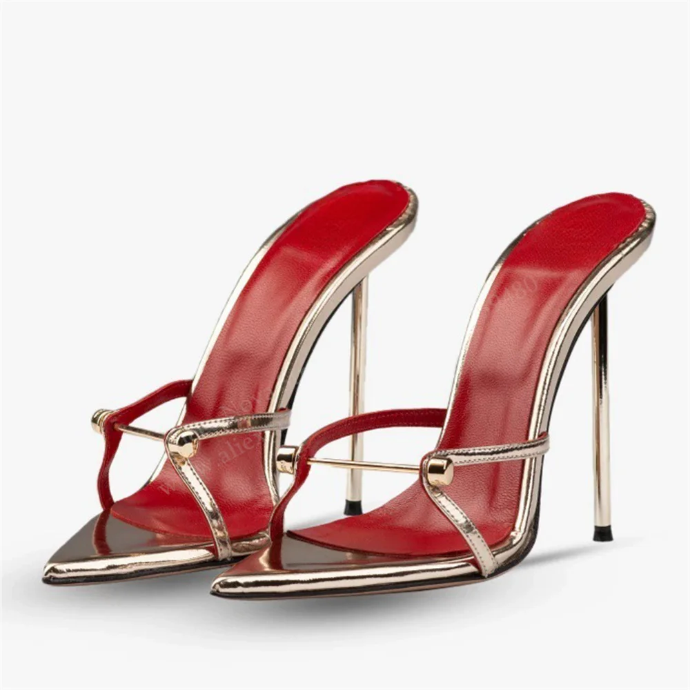 Gold Patneet Leather High Heel Slippers Double Studded Metal Stiletto Heel Slingback Women Sexy Pointy Toe Outside Party Mules