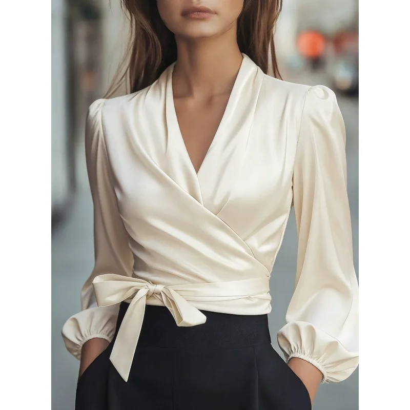 

Fashion Blouses Women's Spring Summer New V-neck Satin Strap Slim Waist Top Puff Long Sleeve Shirts For Women Streetwear 2026