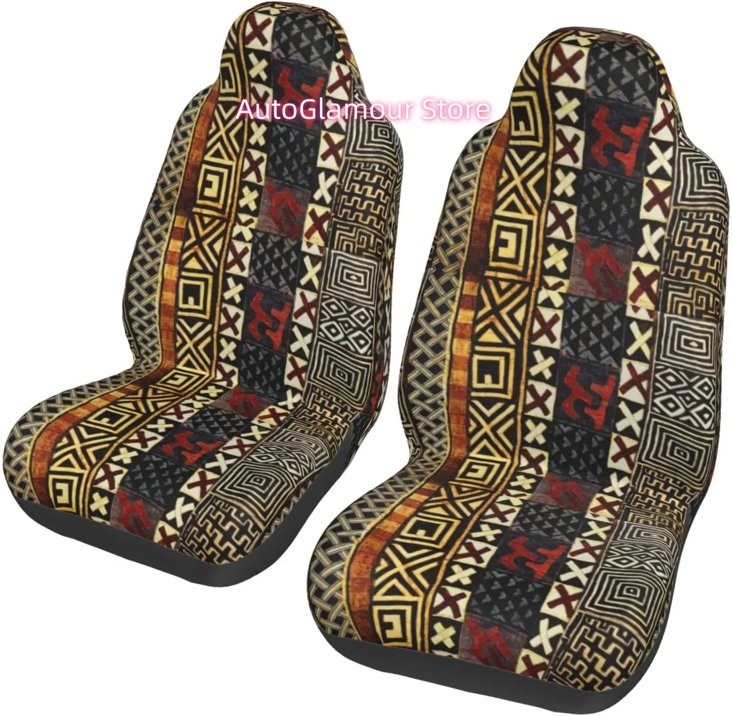 Abstract African Style Mud 2-Piece   Seat Cover Complete Set - Elastic Seat Protection Cover for Cars, Trucks, Suvs