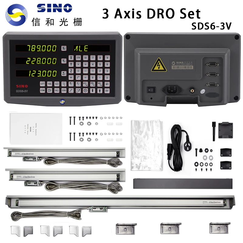 SINO 3 Axis DRO Digital Readout Display 0.005mm Grating Glass Ruler Linear Scale Encoder Sensor 70-220 270 1020mm Lathe Milling