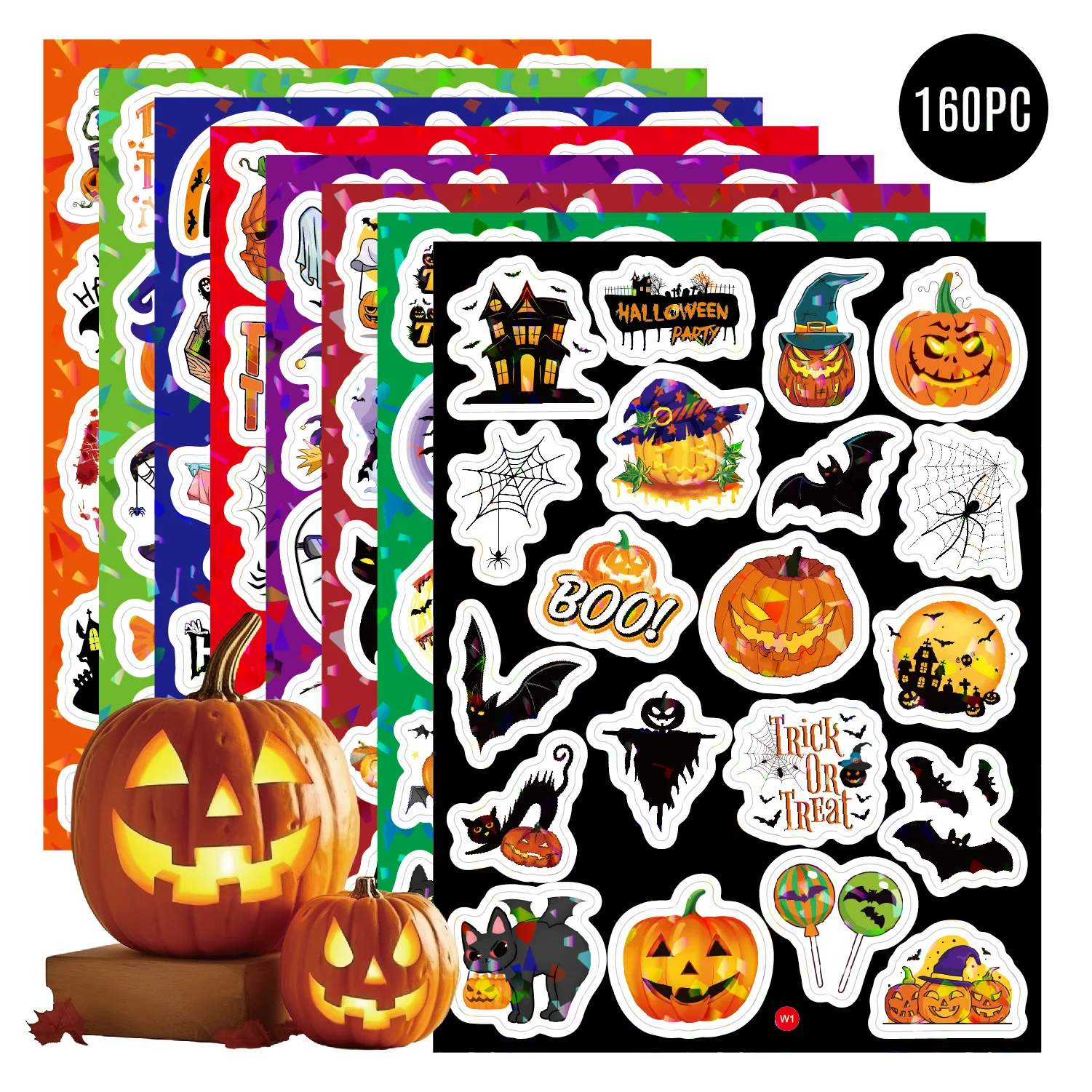 8 Sheets Laser Flash Halloween Stickers 160 Pcs  Laser Holographic Waterproof removable Vinyl Sticker for Halloween Decorations