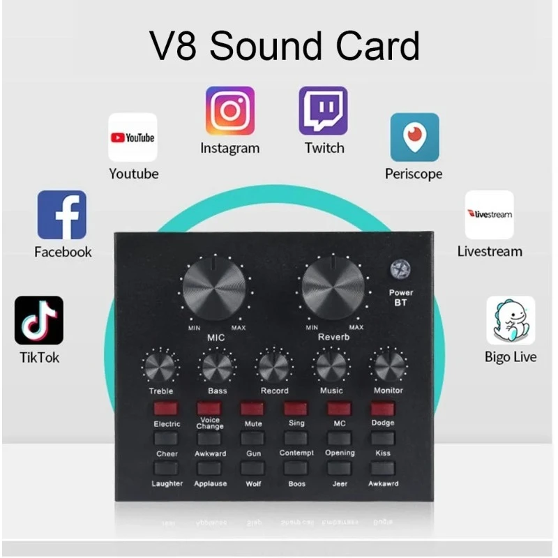 V8 V8S جهاز مزج الصوت USB ميكروفون سماعة الرأس الخارجي البث الويب الشخصي البث المباشر كارت الصوت للهاتف الكمبيوتر 2025 أحدث حار