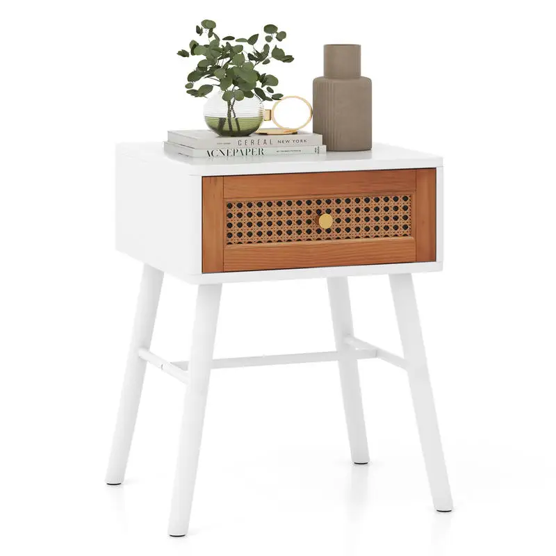 Mid Century Modern Rattan Nightstand With Drawer, Solid Wood Legs Accent Side Table, Rustic Bedroom End Table For Living Room Storage, White