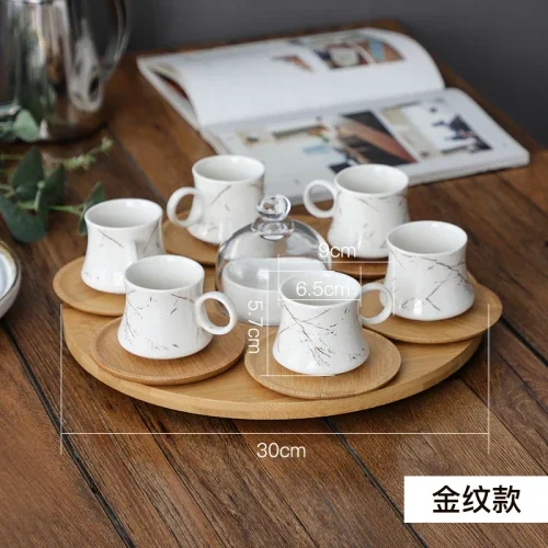 Ceramic Coffee Cup and Saucer Set Wooden Pallet Concentrate 6-piece Glass Cover Snack Bowl Afternoon Tea Sets