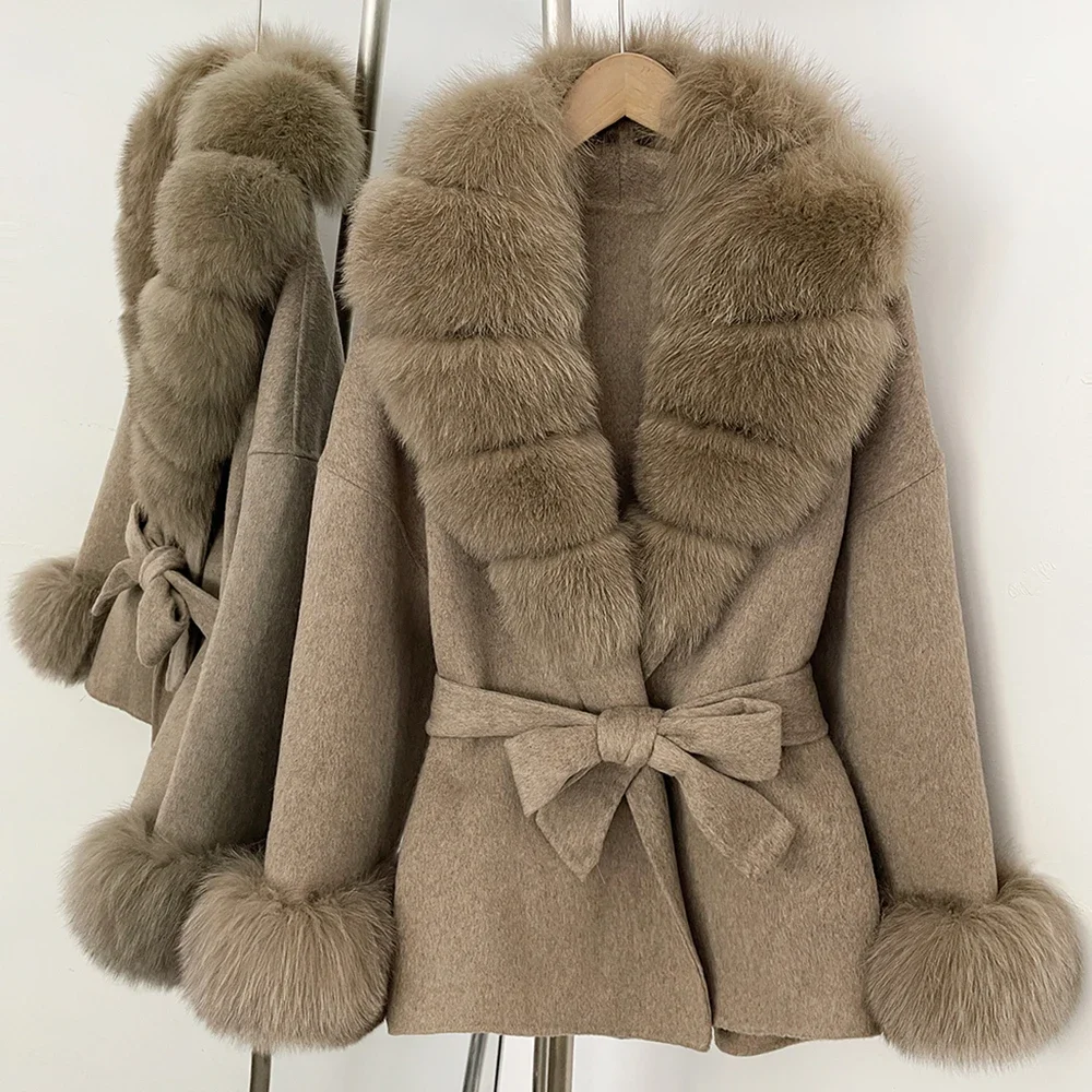 OFTBUY Neuer Damen Kurzmantel aus 100% Wolle Luxuriöse Winteroberbekleidung Übergroßer Echter Fuchspelzkragen Gürtel-Wickeljacke für Damen – Detail 26