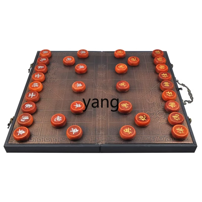 Yjq Chinese chess red flower pear yang carving solid wood with folding chessboard adult elders high-end gifts