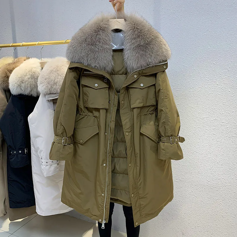 Winter 90 % weiße Entendaunen Daunenjacke 2025, neuer langer Fuchspelzkragen, Parkas, Mantel für Damen, Winter, warm, verdickte Jacke, Oberbekleidung