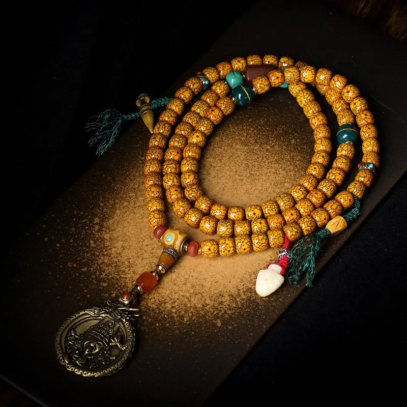 Tibetan Style Cracked Old Xingyue Bodhi Seed Necklace Ethnic Style Prayer Beads with Copper Accessories Gifts