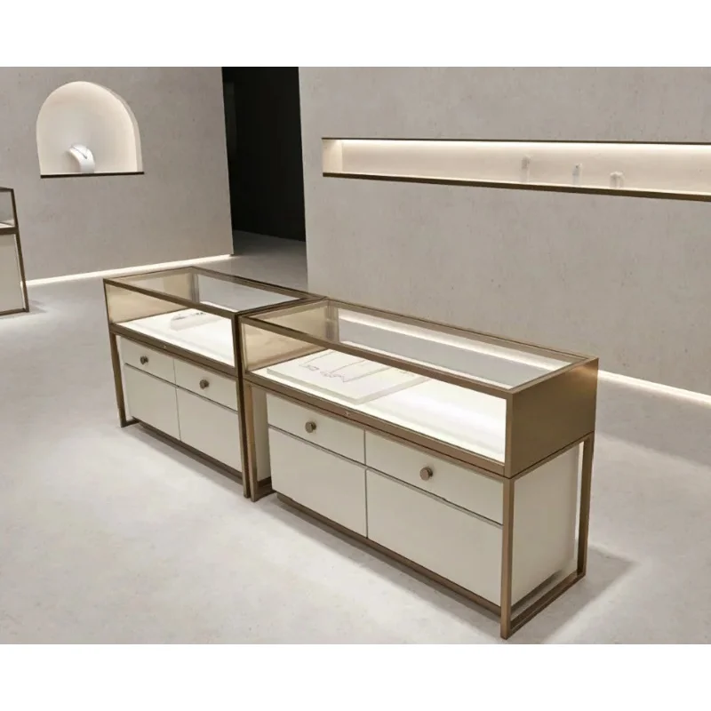 custom.Minimalist Jewelry Display Counter | Matte Brushed Bronze/Aluminium Frame | Glass Showcase LED Retail