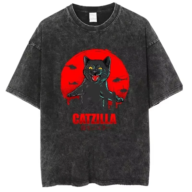 الرجال الملابس الوحش القط مواء الغريبة خمر غسلها قصيرة الأكمام تي شيرت النمط الأمريكي القطن فضفاضة تناسب للجنسين تي شيرت الموضة