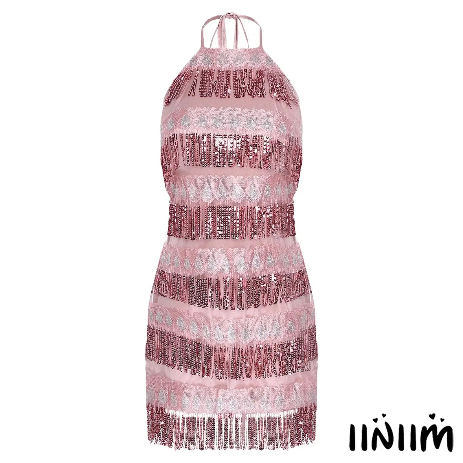 

Womens Glittery Sequin Bodycon Mini Dress Embroidery Tiered Tassel Halter Backless Fringed Dress Female Party Banquet Clubwear