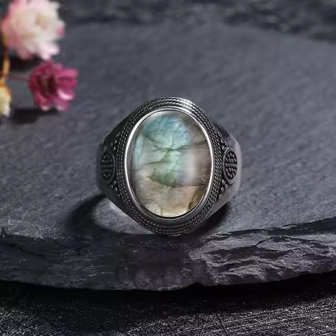 Big Oval Round Natural Labradorite Ring S925 Silver Ring for Women Sun Shaped Retro Luxury Fine Jewelry