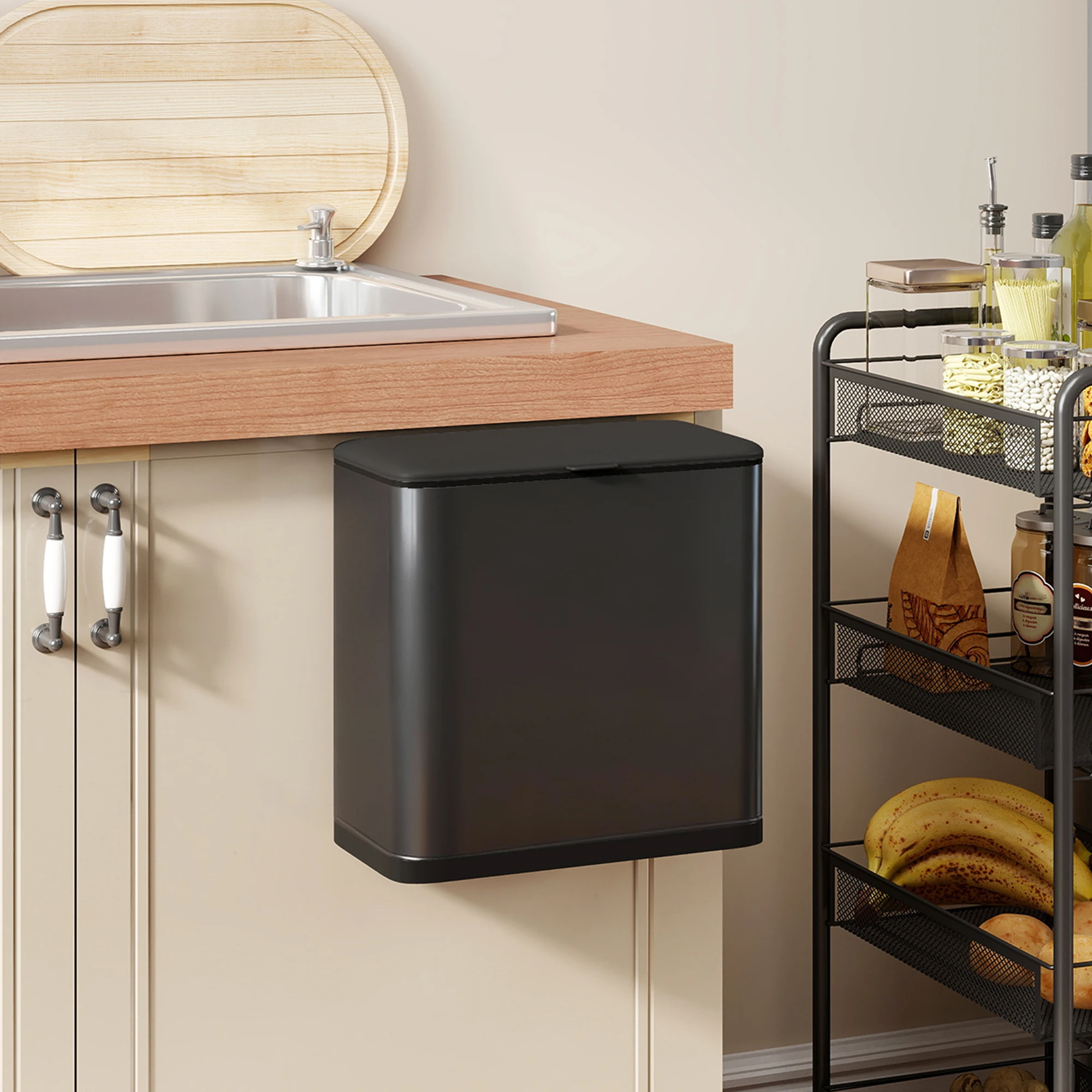 HOMCOM prullenbak 8 L hangende afvalbak met uitneembare binnenbak, roestvrij staal, zwart, 29,7x17,4x30cm