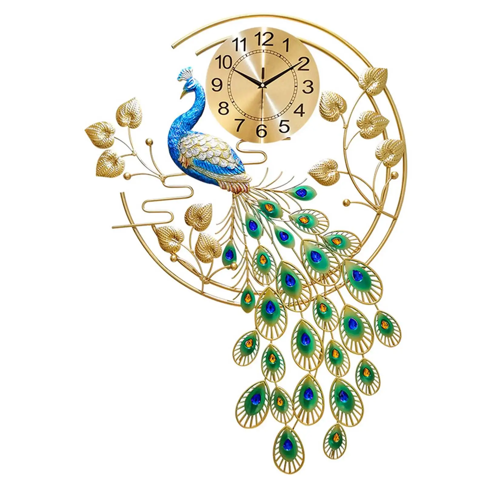 Peacock Wall Clock Non Ticking Ginkgo Leaf Fashion Metal Hanging Clocks Wall Watch for Cafe Bedroom Hallway Kitchen Decor