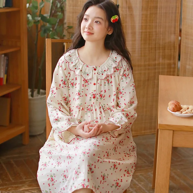 

Женская осенняя ночная рубашка с длинными рукавами, 100% хлопок, милый стиль принцессы с кукольным воротником, трехслойная пижама из пряжи, одежда для дома