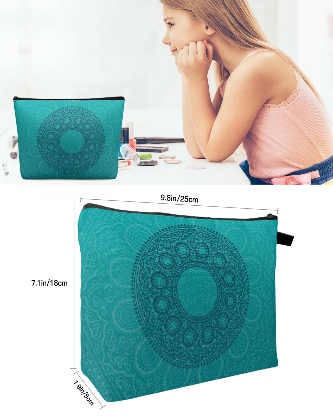 Bolsa de maquiagem turquesa Mandala Bobo, Travel Essentials Pouch, Sacos cosméticos para mulheres, Organizador de banheiro para crianças, Lápis, Armazenamento