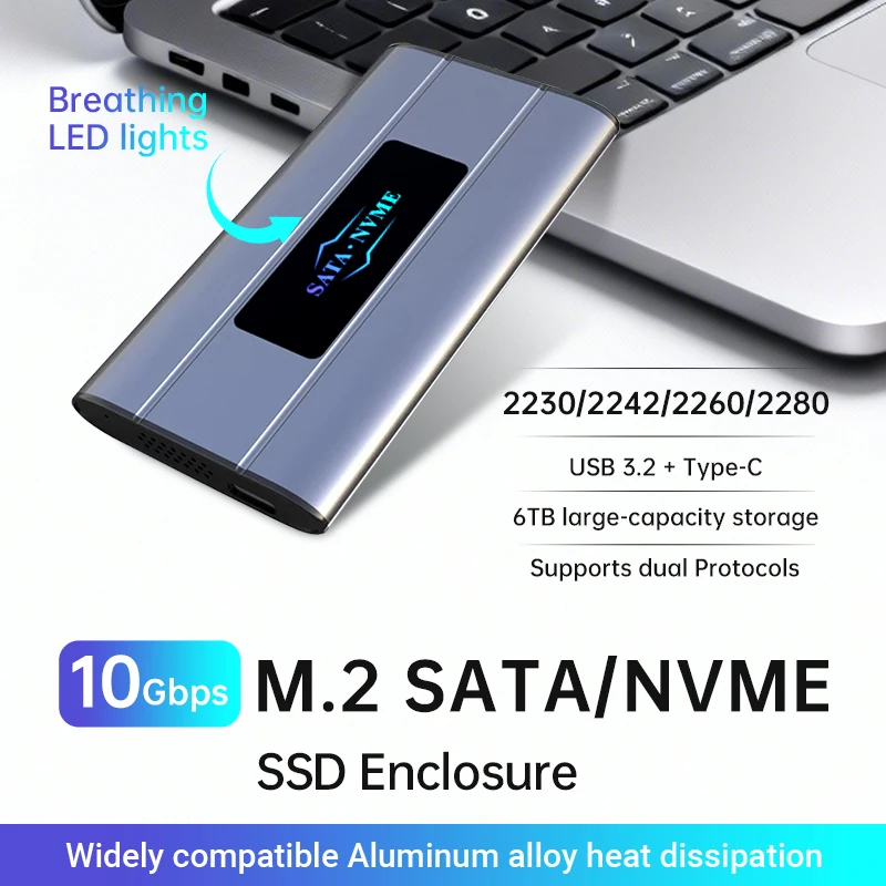 

Корпус M.2 Nvme SSD Внешний 6 ТБ 10 Гбит/с Высокоскоростной адаптер USB 3.2 Gen2 Type-C NGFF SATA PCIe SSD Корпус Коробка из алюминиевого сплава