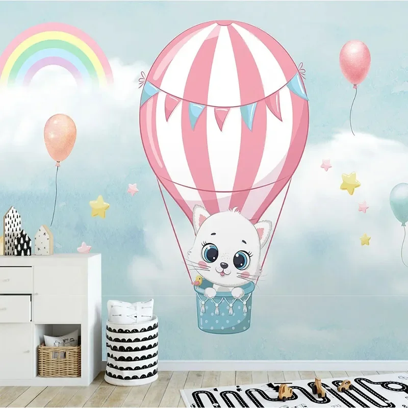 Custom Photo 3D Nordic Simple Watercolor Hot Air Balloon Kitten Rainbow Cloud Children's Bedroom Background Wall Mural Wallpaper