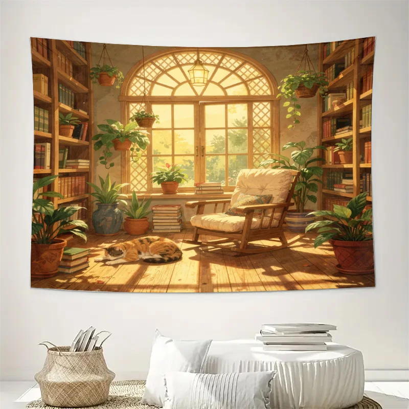 Aesthetic Boho Tapestry Wall Hanging Bohemian Library Jungle Book Shelf Botanical Nursery Art Decor Tropical Classroom Cozy Livi