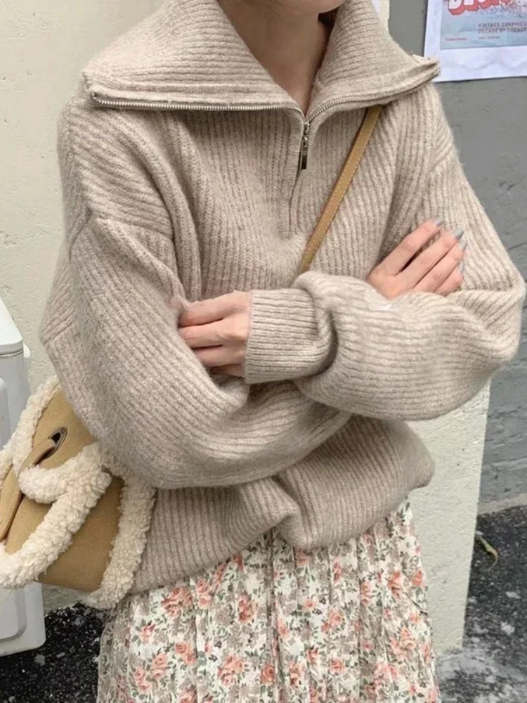 

Women's Solid Turtleneck Zipper Fashion Sweater Loose Long Sleeve Casual Knitted Pullover Winter 2025