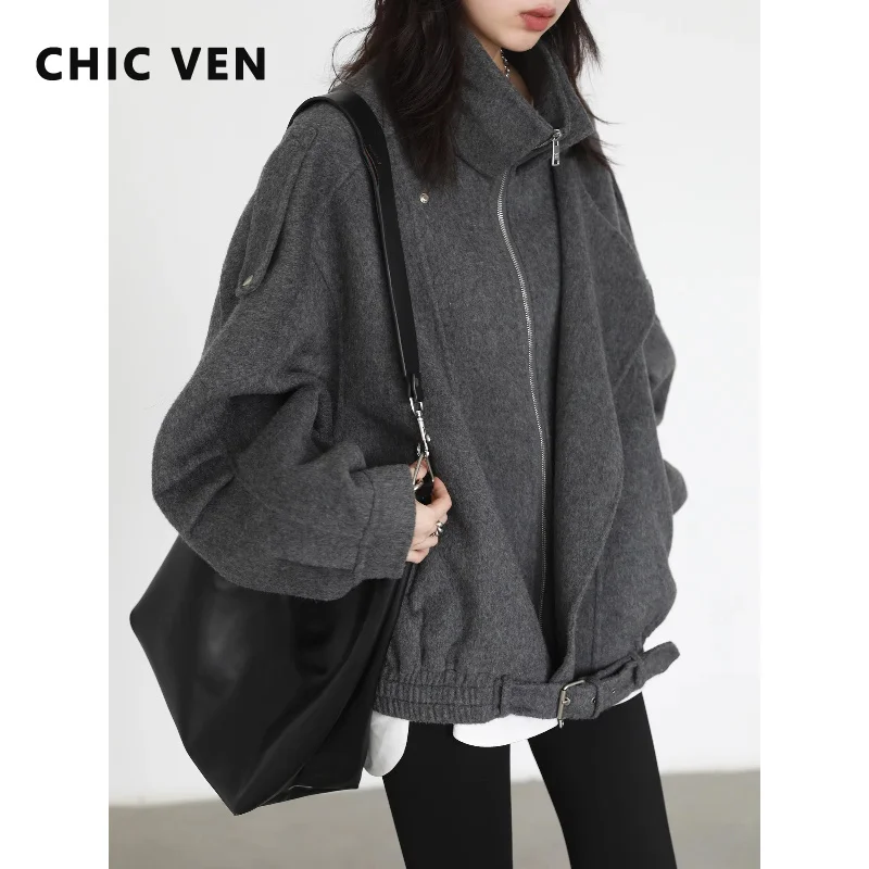 CHIC VEN Neuer Damen-Wollmantel, lockerer, lässiger Motorrad-Stehkragen, winddichte Damenjacke, Damen-Überzieher, Herbst/Winter 2026