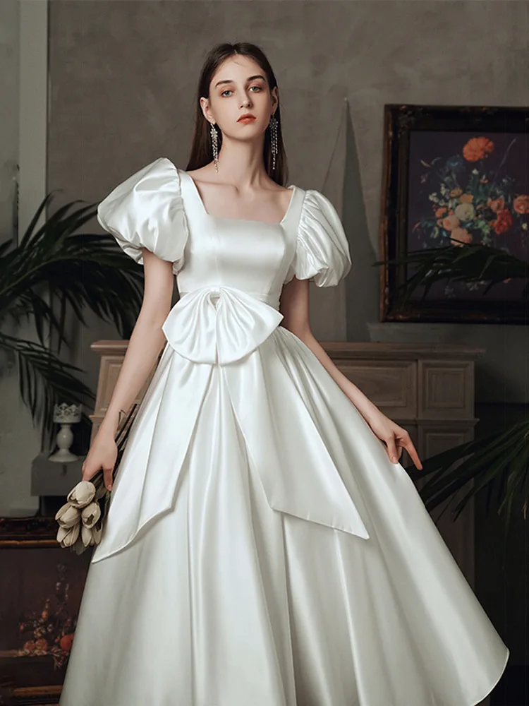 

French Style Satin Party Dress Princess Bubble Sleeve Square Neck Bow Wedding Dresses Tea-Length Ball Gown Homecoming Vestidos