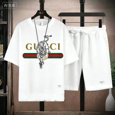 

2026 Men's high qualityNew Summer Round Neck Short Sleeve Men Casual Sports Set Loose T-shirt Shorts Waffle Style Clothing