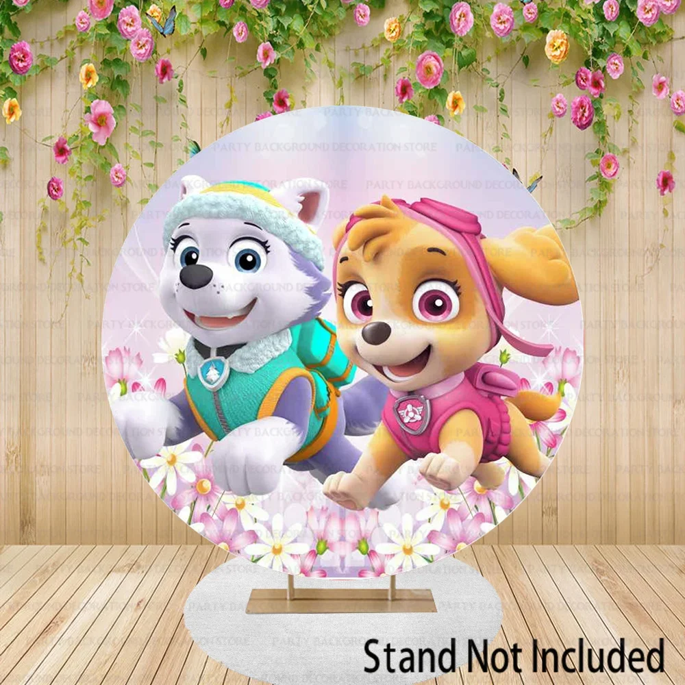 خلفية باو باترول حالمة لحفلة عيد الميلاد ، خلفية استحمام الطفل ، لافتة وردية للفتيات ، كلب ايفرست وسكاي ، دائرية