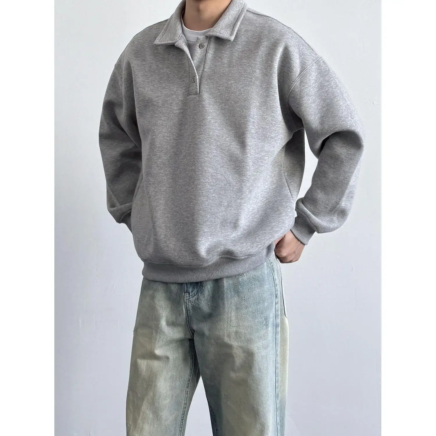 Spring Autumn Men's  Collar Sweatshirt Loose Casual Daily Pure Color Top Comfortable Polyester Fabric Long Sleeve Shirt