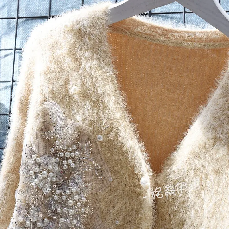 Women Floral Embroidery Pearls Beaded V-neck Mohair Sweater Coat Loose Autumn Winter Soft Mink Knitted Cardigan Short Knitwear