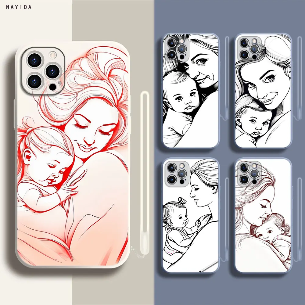 Soft Silicone Phone Case For Apple iPhone 15 14 13 12 11 Pro X XS Max XR Plus Mini Cover mom and baby girl drawing