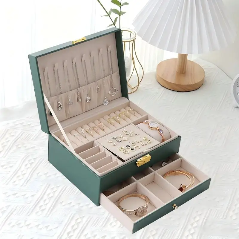 Light Luxury High-End Jewelry Storage Box with Compartments and Lock, Leather Jewelry Organizer for Earrings, Ear Studs, Necklac
