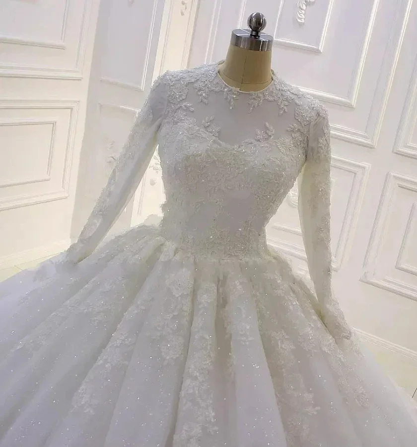 ที่กําหนดเองใหม่O-คอมุสลิมชุดแต่งงานแขนยาว 2024 Chapel Train AppliquesลูกปัดBallgown Lace-UpกลับPlusขนาดBrida