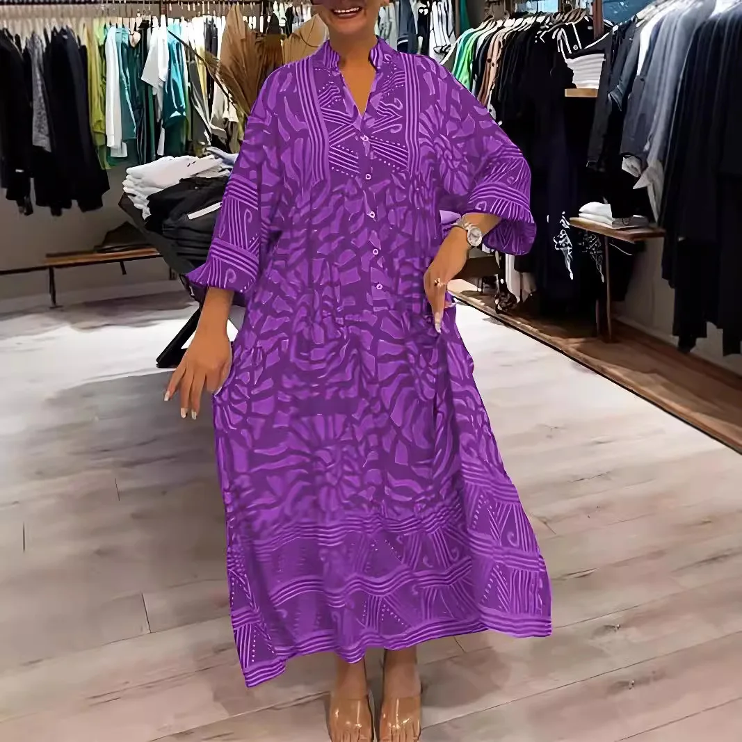 

New women's summer fashion casual daily versatile loose waist skirt commuting style single breasted printed dress