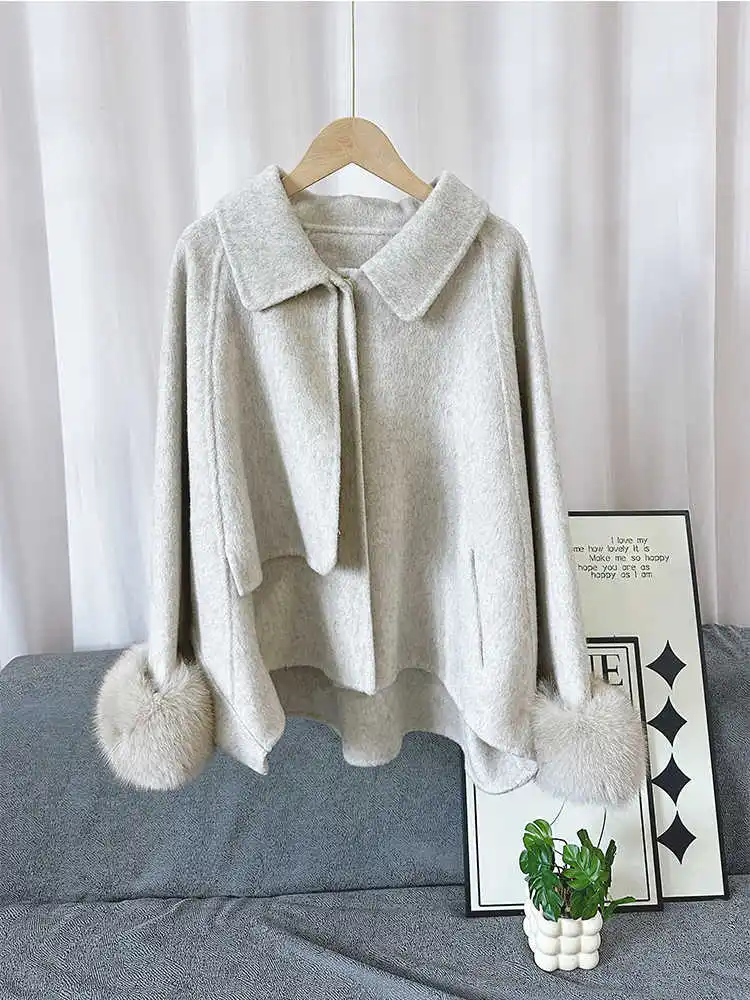 

2024 Winter Natural Fox Fur Cuff Coat Cashmere Wool Jacket Woolen Ladies Outwear Female Coat Women Luxury Jacket Hot Sale