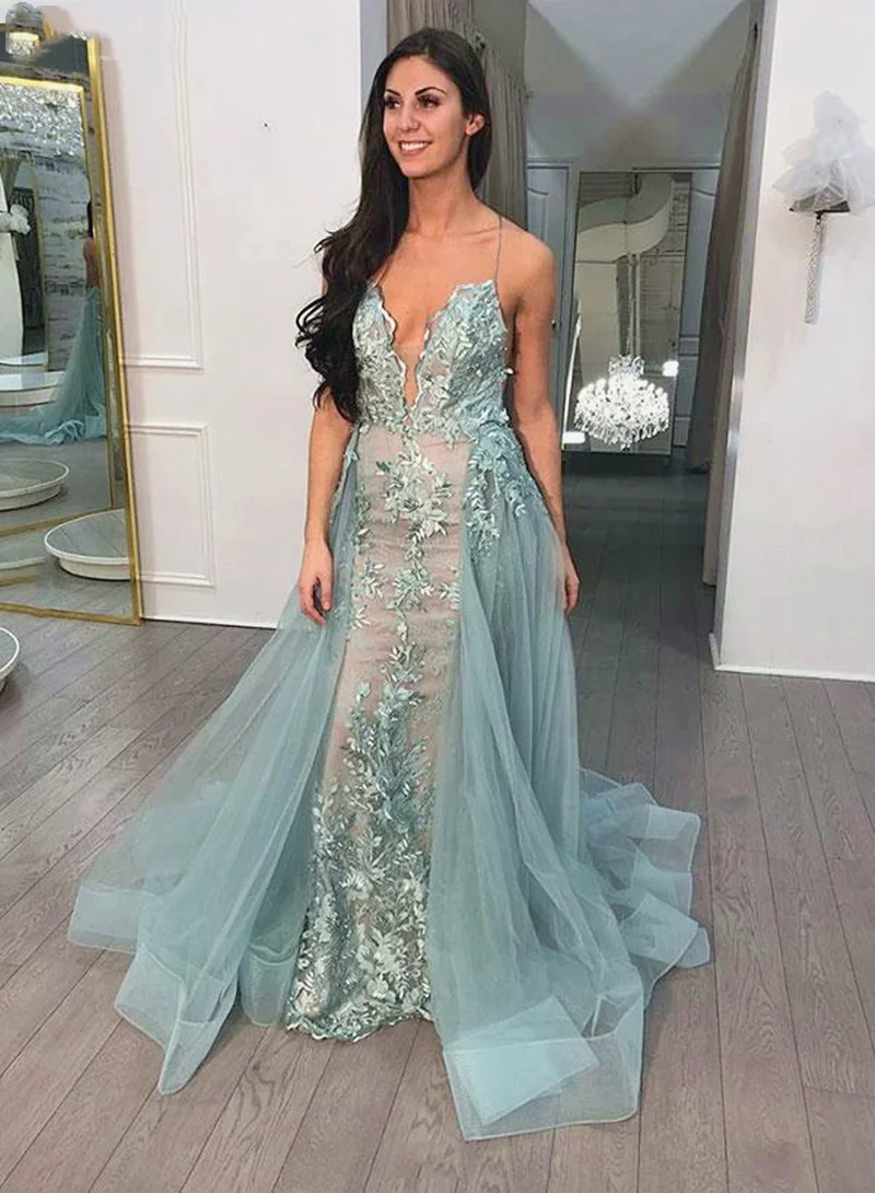 

Sexy Spaghetti Strap V Neck Mermaid Evening Dresses Sexy Backless Lace Appliques Sweep Train 2025 Elegant Women Prom Party Gowns