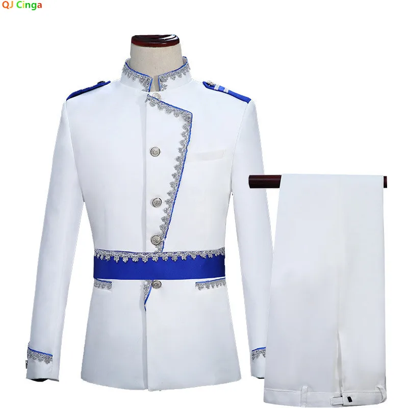 2027 New Men's White Court-inspired Two-piece Suit, Suitable for Emcees, Stage Performances, and Prince-themed Costumes.