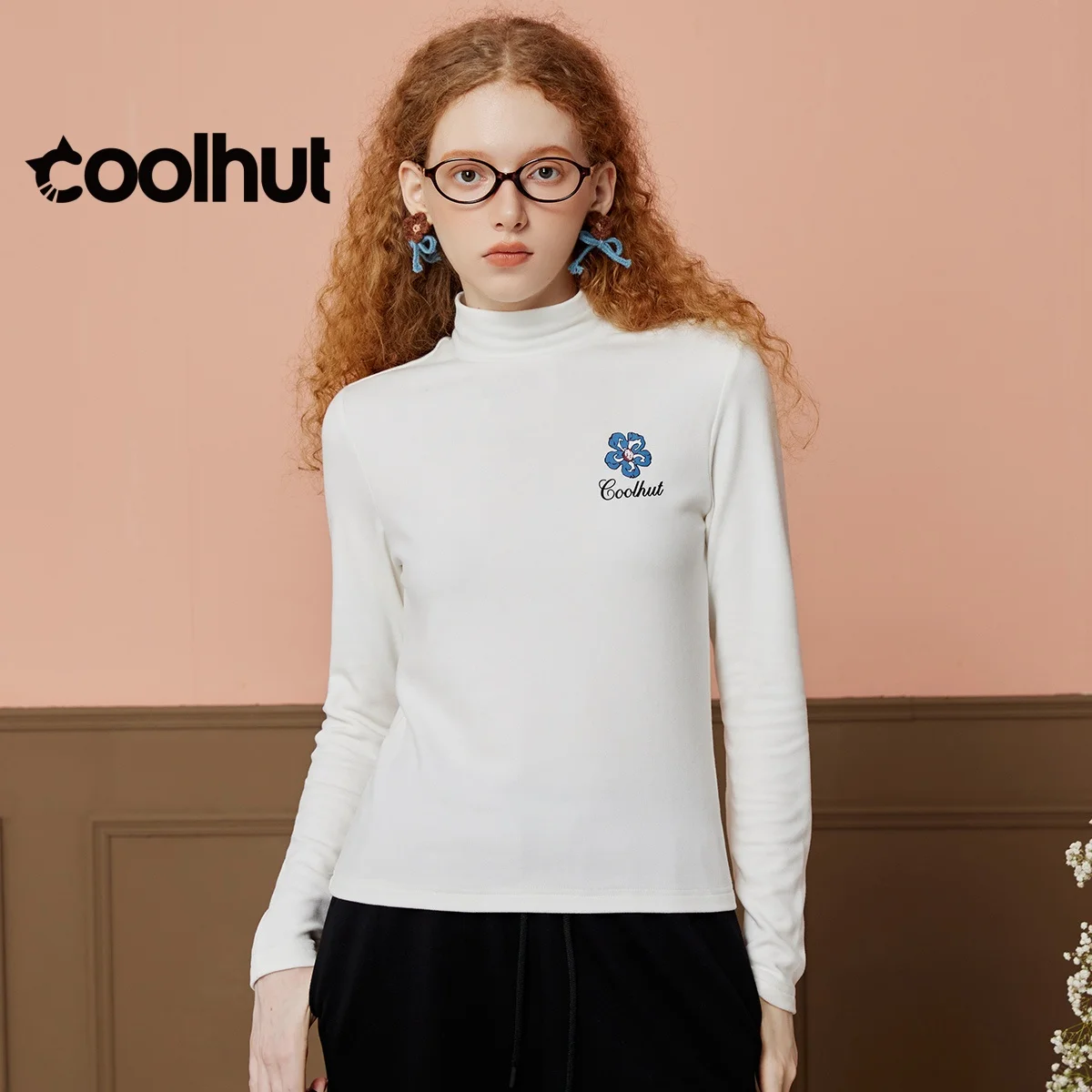 

COOLHUT женская одежда Y2k 2025 флокированный принт термовязаный топ с круглым вырезом и длинными рукавами весенняя удобная посадка повседневная блузка на каждый день