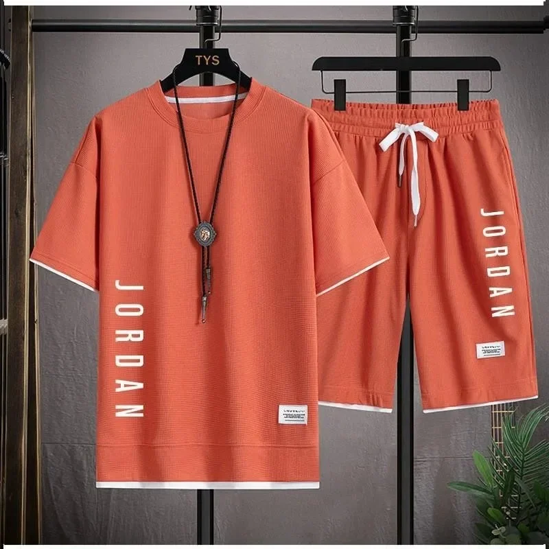 

Men's sportswear casual short-sleeved T-shirt, round-neck pullover top + stretched-waist capri pants 3D printed 2-piece set