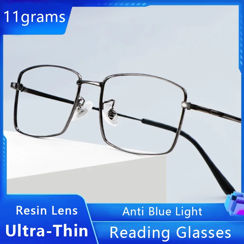 Ultra-Thin  Reading Glasses for Men Blue Light Blocking Gunmetal Gray Metal Half Frame Glasses Mens Reader Presbyopia Eyeglasses