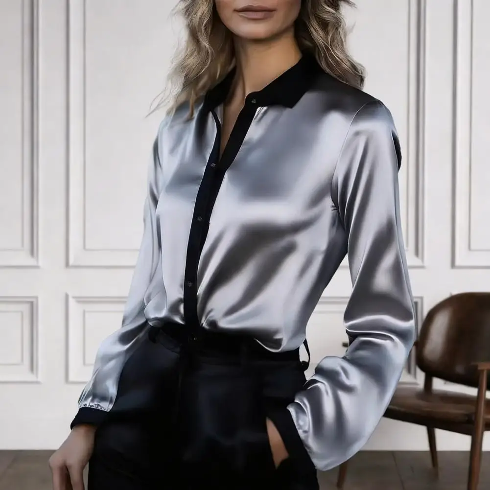

Women Elegant Blouse Spring Shirt Lapel Long Sleeve Satin Texture Breathable Shirt Patchwork Color Loose Fit Office Casual Tops