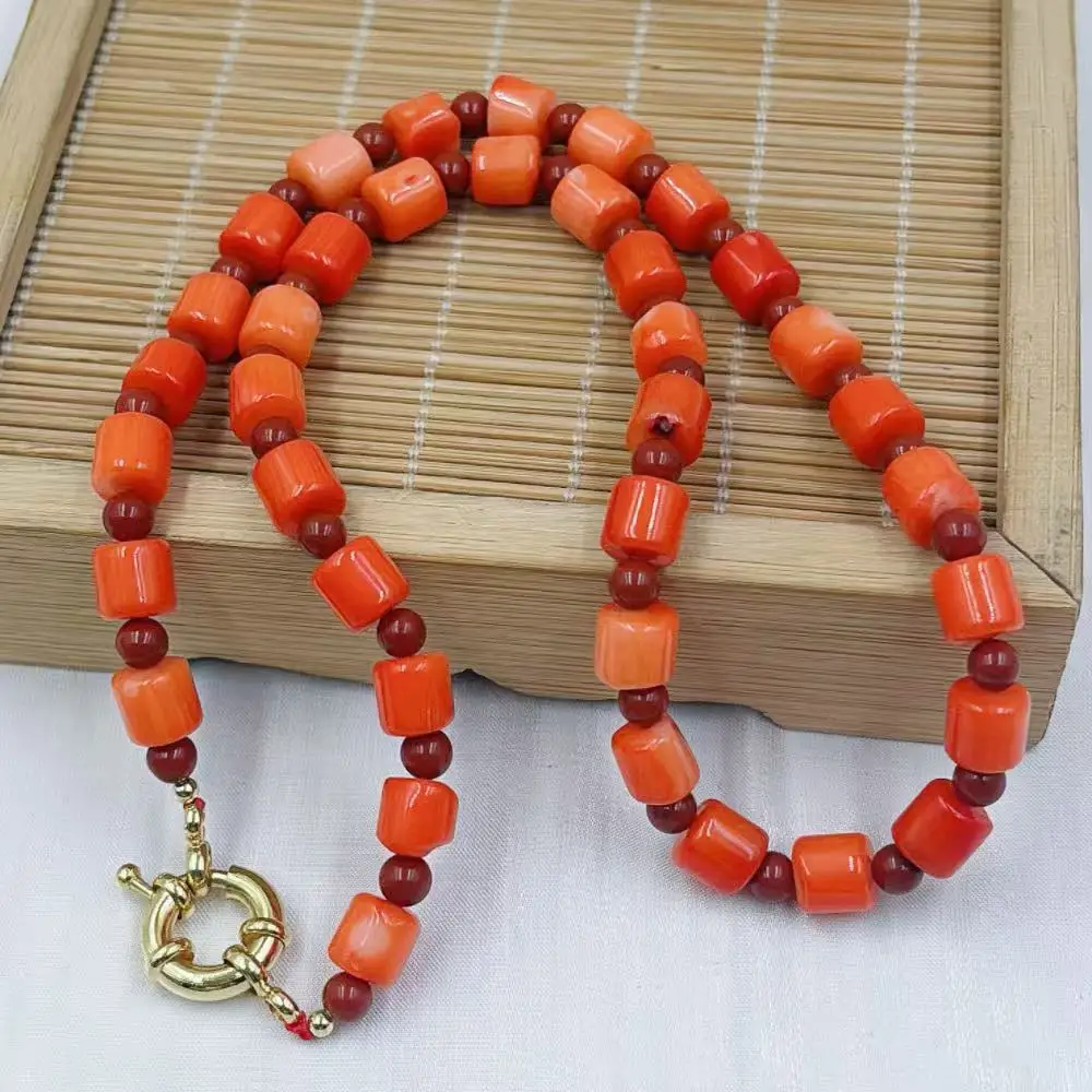 Woman Girlfriend Birthday Jewelry Gift Red Jasper Orange Natural Sea Bamboo Column Coral Necklace