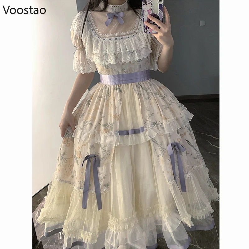 Japanese Sweet Lolita Princess OP Dress Women Victorian Vintage Wedding Party Dresses Girls Elegant Lace Fairy Floral Dresses