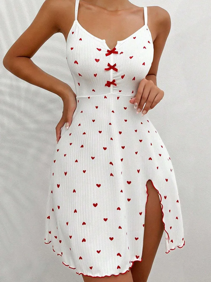 Heart Print Rowan Front Slit Deep Strap Nightdress Pajamas Loungewear Outerwear Dress Backless Deep V Suspenders Sleeveless TO50